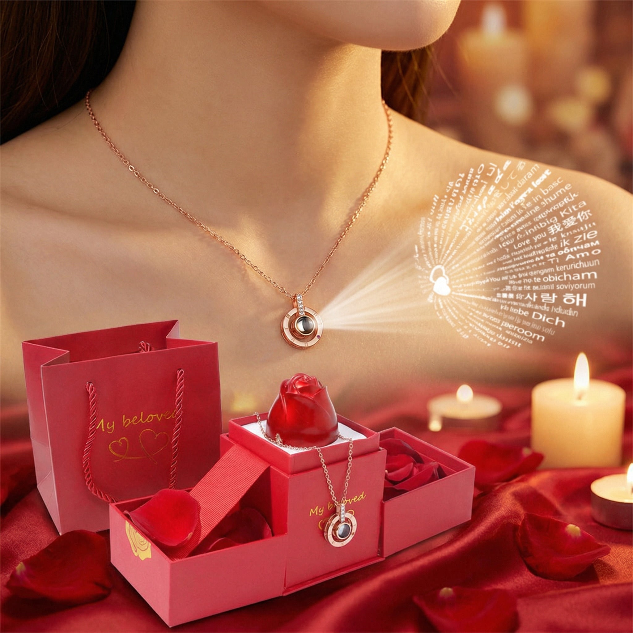 Collar Te Amo 100 Idiomas + CAJA ROSA REGALO